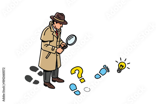 A cartoon detective with a magnifying glass investigates footprints & a question mark, then lights up