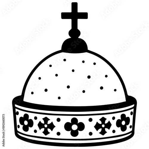 Black and white minimalist vector illustration of an Orthodox Christian church dome with a cross, decorated with dots and floral ornament band, isolated on a white background.