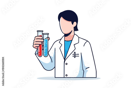 A faceless scientist, lab coat, holding two test tubes. One tube is red, one blue