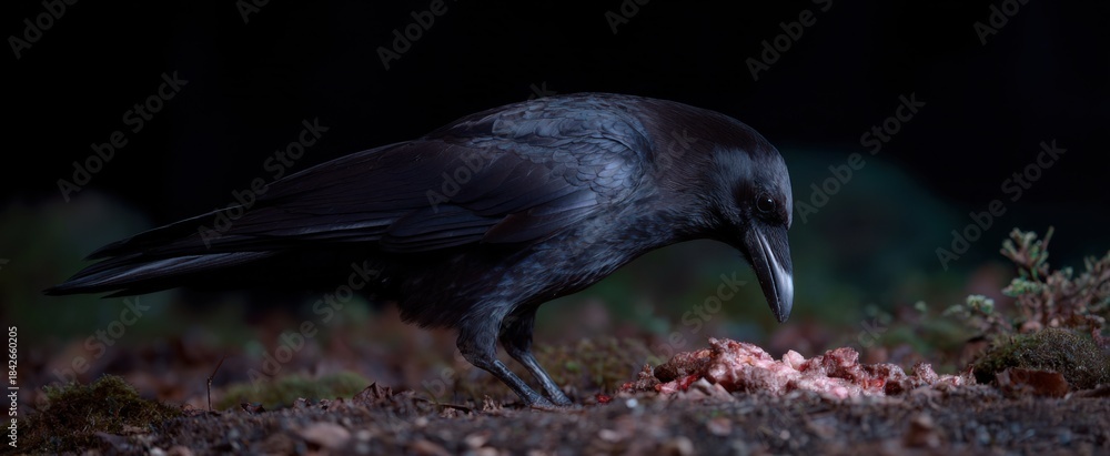 Fototapeta premium The raven is a shadowy chef feasting on carrion buffet laid on the ground.