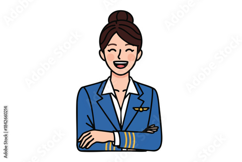 Cartoon stewardess, arms crossed, smiling, wearing blue uniform