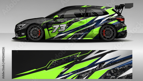 A racing car with a dynamic green, blue, and white abstract decal design, showcasing its vibrant livery.