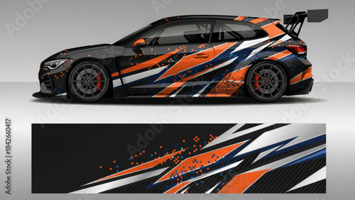 Sporty hatchback car with abstract orange, white, and blue racing wrap design.