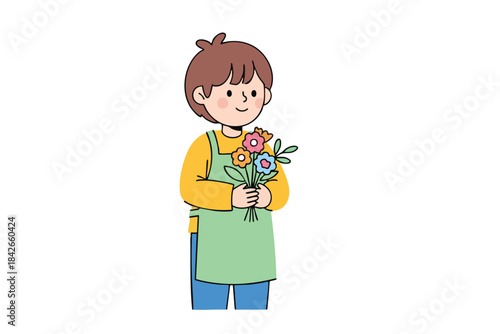 Cartoon florist wearing apron and holding a bouquet of flowers on white background