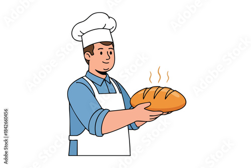 An illustration of a baker holding a steaming loaf of bread