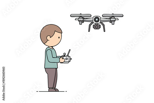 Illustration of a person operating a drone with a remote control, white background