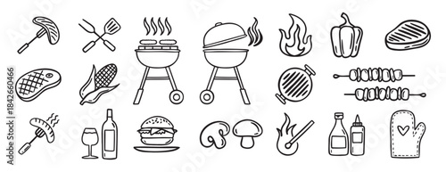 Barbecue grill party doodle hand drawn icon set. Outline drawing BBQ tools charcoal firewood and products line clipart symbol collection 