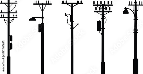 Five black silhouette utility poles with electrical components and streetlights Keywords: utility pole, silhouette, power line