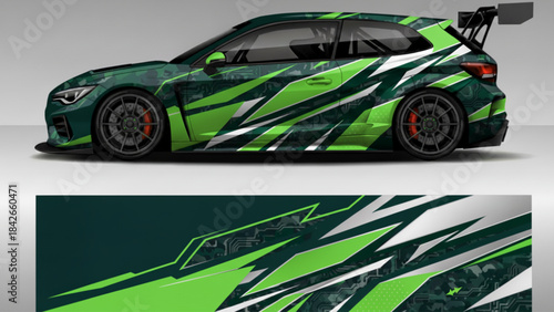 Racing car with dynamic green and dark green abstract graphic vinyl wrap design, showcasing the vehicle's side profile and the wrap pattern.