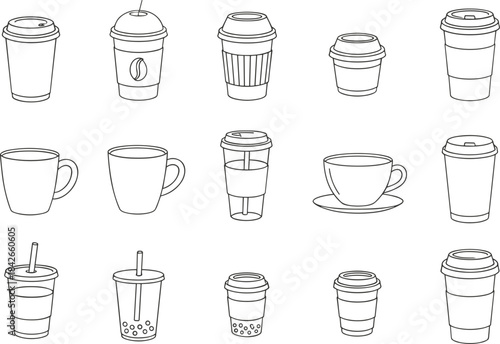 Concepts of Hot Drinks, Cups, Mugs, Disposable Containers, Café Culture, and Bubble Tea.