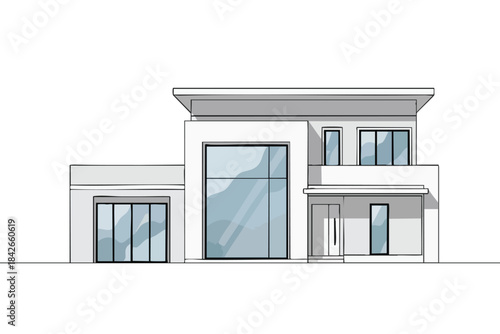 A modern two-story home sketch, gray and white with large windows, simple design