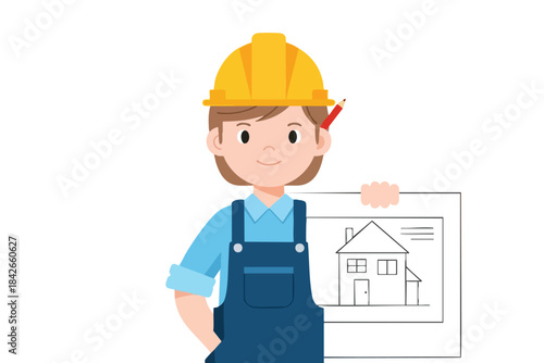 A person in work clothes and a hard hat holds a blueprint of a house