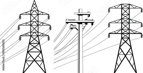 Electricity Transmission Towers and a Utility Pole with Wires electricity tower pylon
