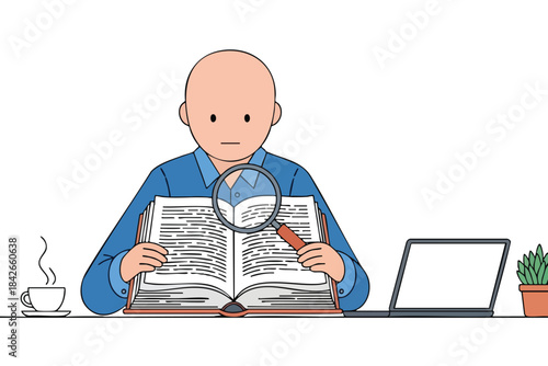 A bald person uses a magnifying glass to read a book, laptop and plant beside