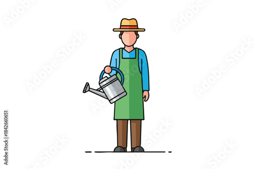 Gardener icon holds a watering can, wearing a hat, apron, and blue shirt