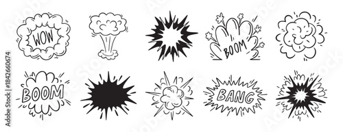 Bomb explosion or Comic explosion boom doodle hand drawn icon set. Outline drawing smoke cloud and fire flash. Atomic boom or dynamite detonation,