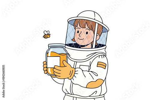 A beekeeper with honey jar, smiling, with a bee, against a white background