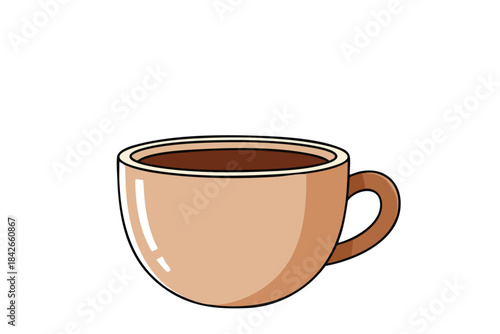 A cartoon mug with dark liquid inside, filled, sitting on a white background