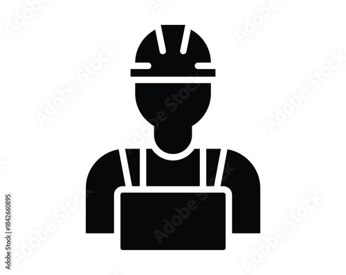 Construction Worker Icon in Solid Black Style with Hard Hat and Overalls