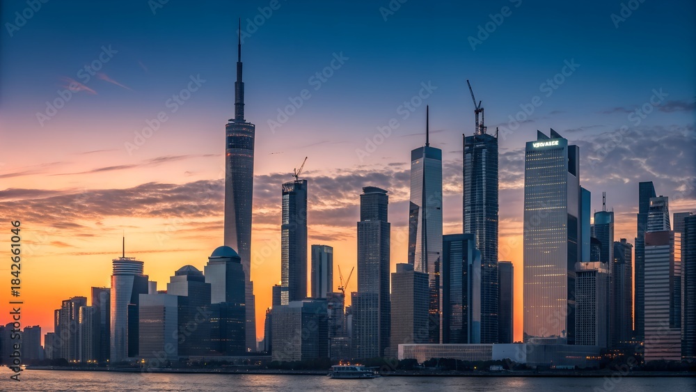 Obraz premium A stunning panoramic view of a modern city skyline captured during the golden hour, likely at sunrise or sunset.