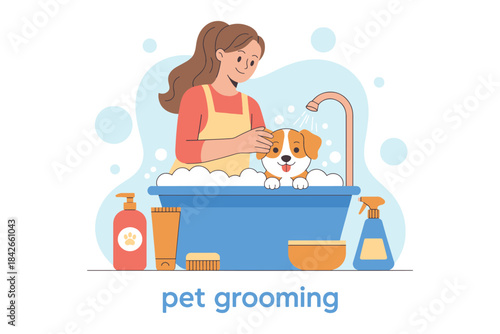 Woman Grooming Dog in Bathtub with Pet Care Products