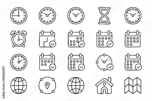 Clocks, alarms, and calendar markers for date planning graphics
