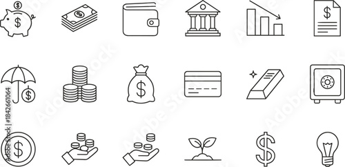 Set of finance and money line icons illustrating banking, savings, investment, currency, budgeting, economic concepts, financial security, and wealth management.