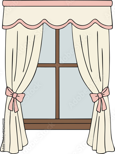 Soft pastel vintage window with cream curtains and pink bows, flat vector illustration of cozy home decor