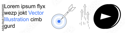 Success, progress, goal setting, business strategies, forward motion, productivity. Dart hitting a target, arrows pointing upward play button symbol. Success and progress concept