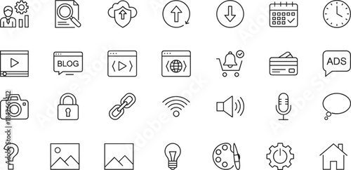 SEO, Social Media, Business Analysis, Content Creation, and Interface Vector Set
