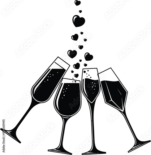 Champagne glasses clinking with floating hearts silhouette illustration