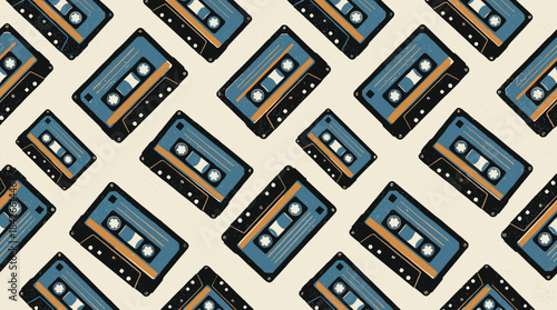 Vintage blue and orange audio cassette tapes create a seamless diagonal pattern with a distressed, grunge texture on a light background, evoking a sense of 80s and 90s nostalgia