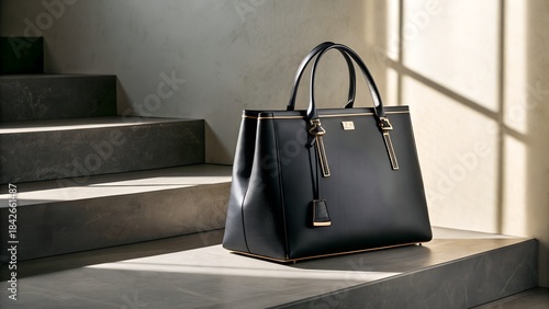 A sophisticated black leather tote bag elegantly positioned on a set of modern concrete stairs
