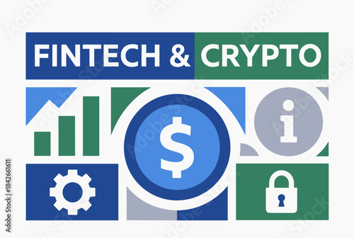 A graphic illustration representing FinTech and Crypto concepts with various financial and technological icons.