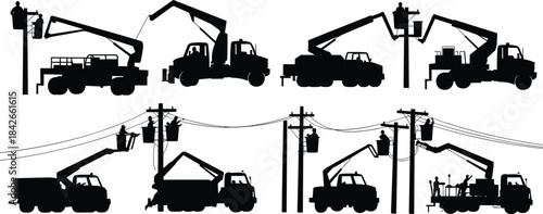 Silhouette Set Of Utility Workers With Bucket Trucks And Poles Keywords: silhouette, utility worker, bucket truck, lineman, power