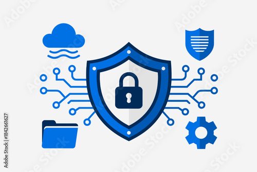 A blue shield with a padlock at its center, surrounded by various digital icons like a cloud, folder, document, and gear, all interconnected by circuit lines, symbolizing comprehensive data