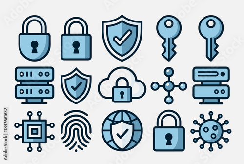 A collection of blue and black line icons representing cybersecurity, data protection, and digital technology concepts.