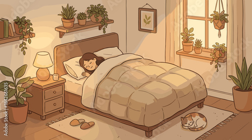 Young woman sleeping peacefully in bed under a warm comforter in a cozy, plant-filled bedroom with a cat sleeping on the floor and soft morning light from the window