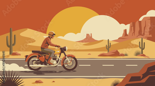 Classic orange motorcycle with a biker riding on an asphalt road through a vast desert landscape with saguaro cacti and rock formations under a warm setting sun