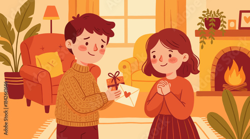 Cute cartoon couple celebrating their love as the man gives a romantic gift and letter to the woman in a cozy, warm living room by the fireplace