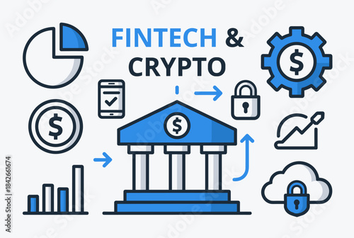 Fintech and Crypto concept illustration with various icons representing digital banking, financial technology, cryptocurrency, security, and data analysis.