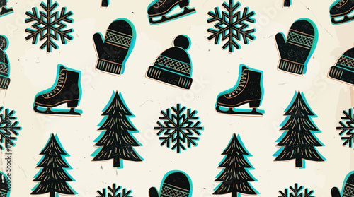 Seamless winter pattern with hand drawn skates, mittens, hats, and snowflakes in a retro textured style with a turquoise shadow effect on a cream background