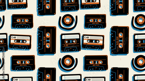 Vintage audio cassette tapes and mix tapes in a seamless repeating pattern with a retro graphic illustration style, a nostalgic 80s and 90s music themed background