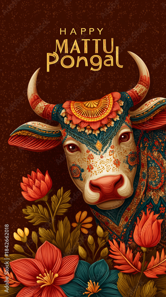 Naklejka premium Decorated cow celebrating Mattu Pongal festival.
