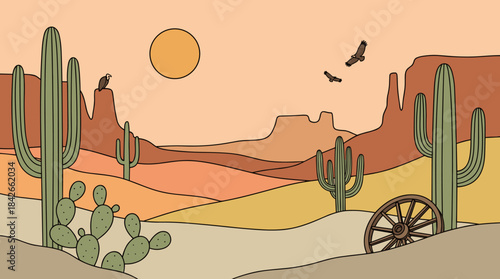 Western desert landscape illustration with cacti, red rock buttes, a hot sun, flying birds, and an old wooden wagon wheel in a flat, minimalist, cartoon style