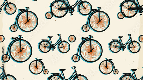 Seamless pattern of retro style bicycles featuring penny-farthing and modern bikes in a graphic, hand-drawn illustration with a distressed texture on a light background