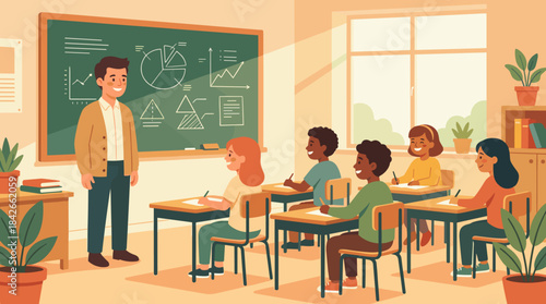 Friendly male teacher explaining graphs on a chalkboard to a diverse group of smiling students sitting at desks in a sunlit classroom illustration