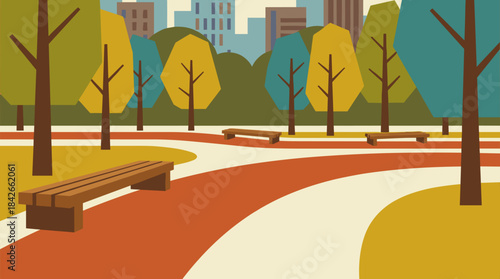 Minimalist autumn city park illustration with empty wooden benches, winding pathways, and colorful trees set against a modern urban skyline