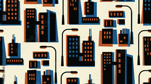 Graphic city buildings and streetlights pattern in a retro, minimalist style with black silhouettes and blue and orange shadows on a cream background