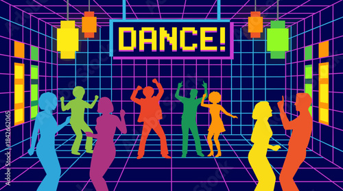 Colorful silhouettes of people dancing at a retro 80s party with a neon grid background and a pixelated sign, representing a vintage nightclub or disco scene